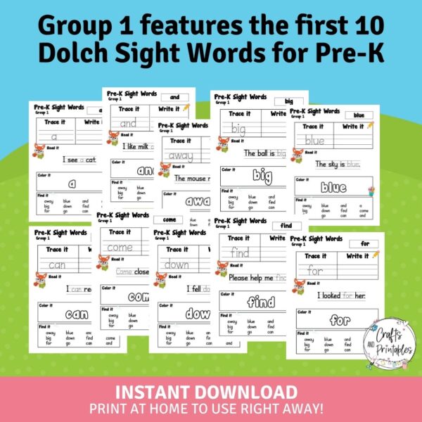 dolch sight words for pre-k worksheets 3