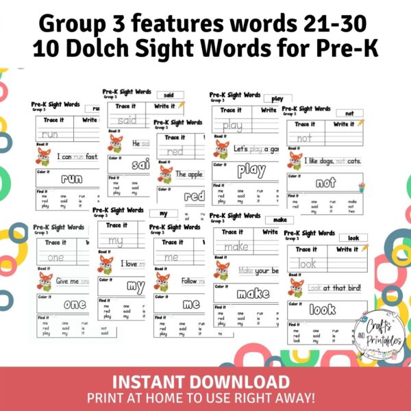 dolch sight words for pre-k worksheets 5